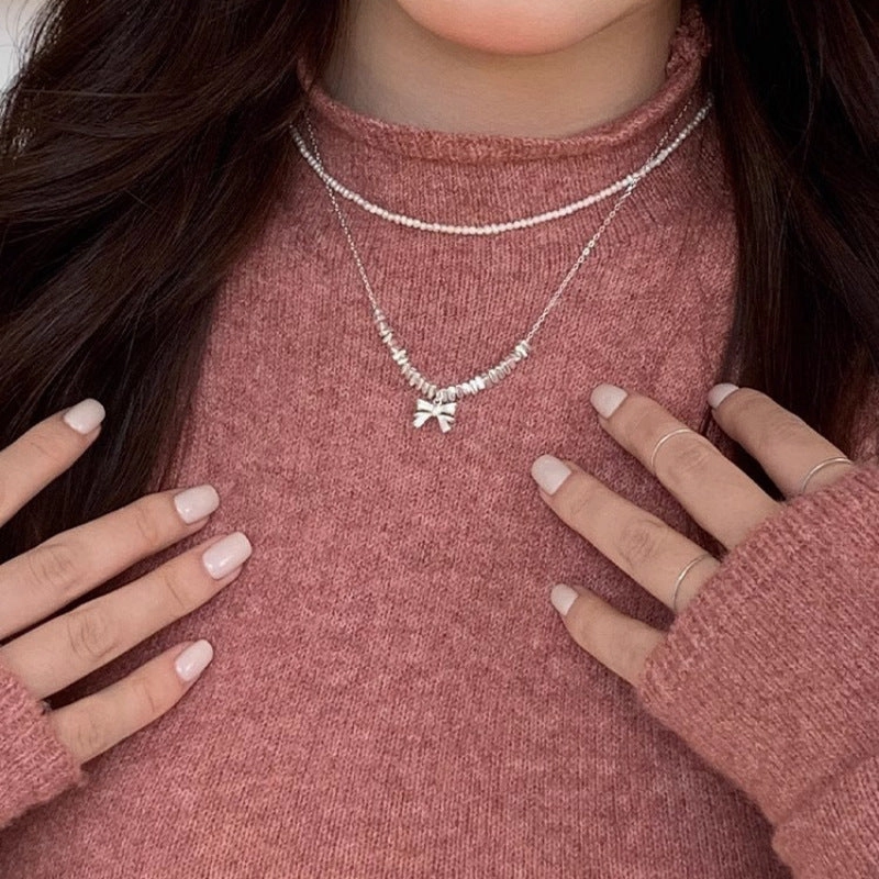 Wholesale broken silver bow necklace sweater chain copper necklace