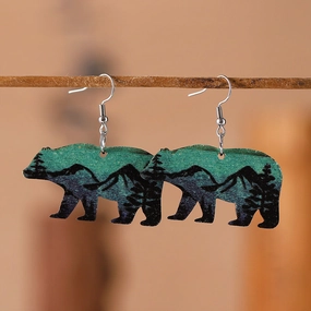 Wholesale Brown Bear Double-Sided Wood Forest Snow Mountain Print Earrings