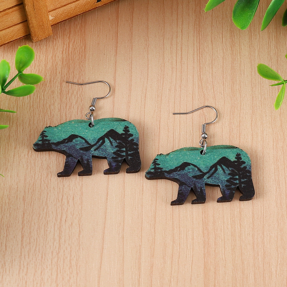 Wholesale Brown Bear Double-Sided Wood Forest Snow Mountain Print Earrings