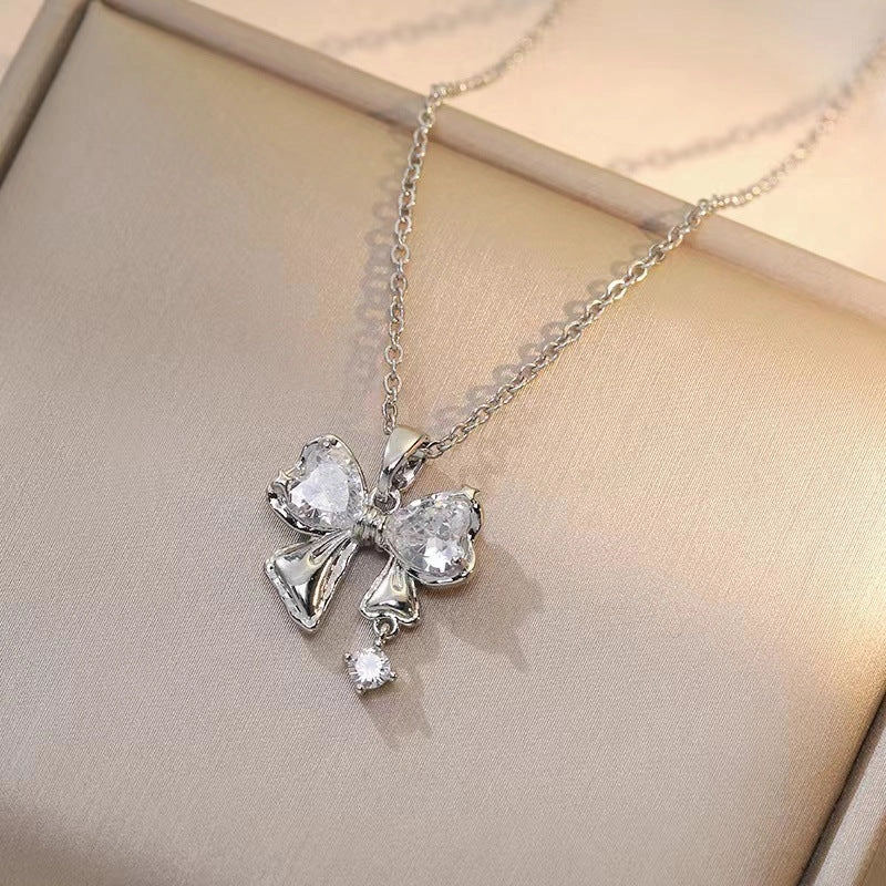 Wholesale Butterfly Full Diamond Pink Zircon Titanium Steel Necklace