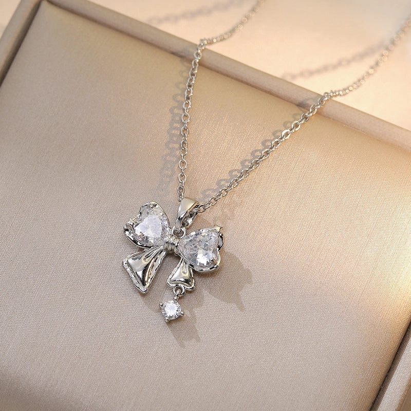 Wholesale Butterfly Full Diamond Pink Zircon Titanium Steel Necklace