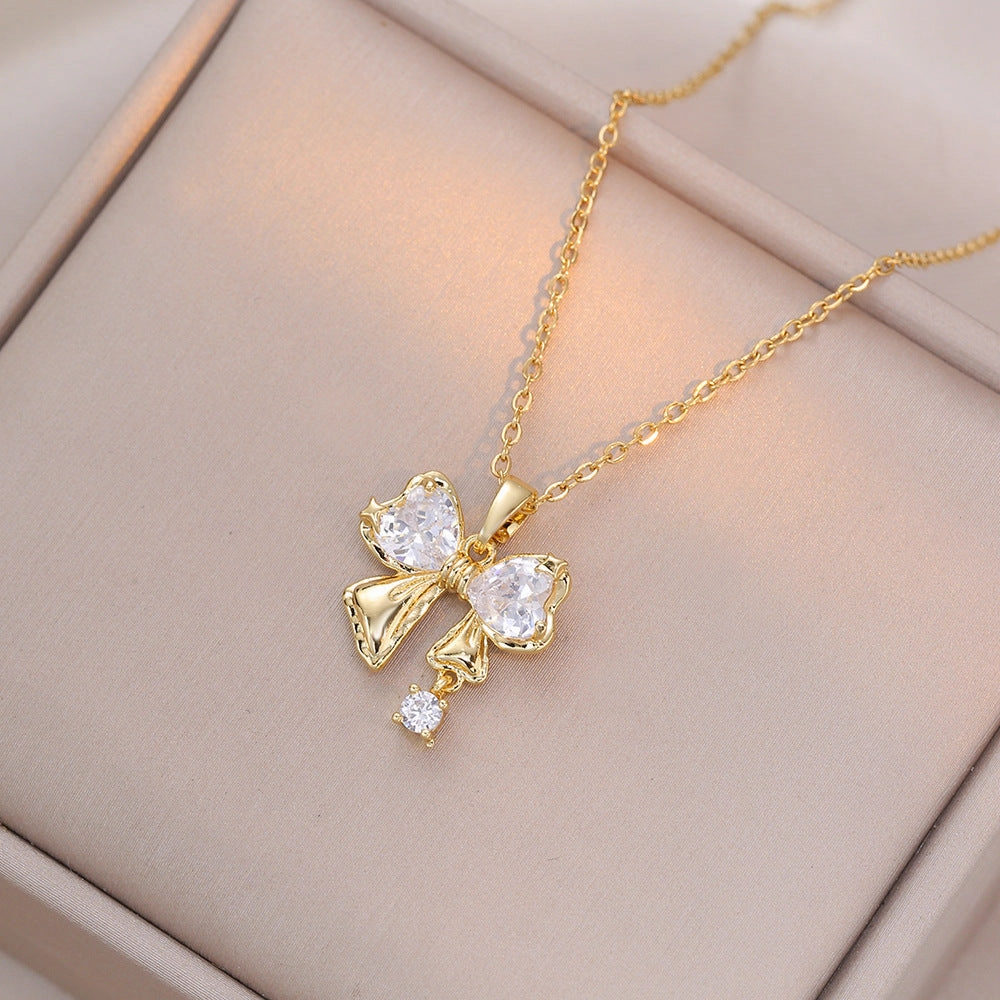 Wholesale Butterfly Full Diamond Pink Zircon Titanium Steel Necklace