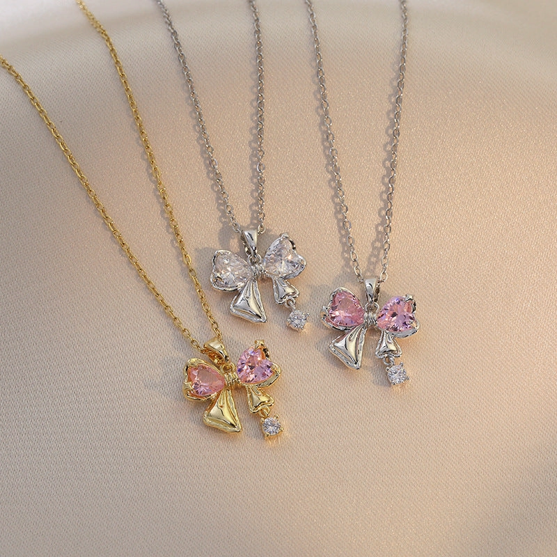 Wholesale Butterfly Full Diamond Pink Zircon Titanium Steel Necklace