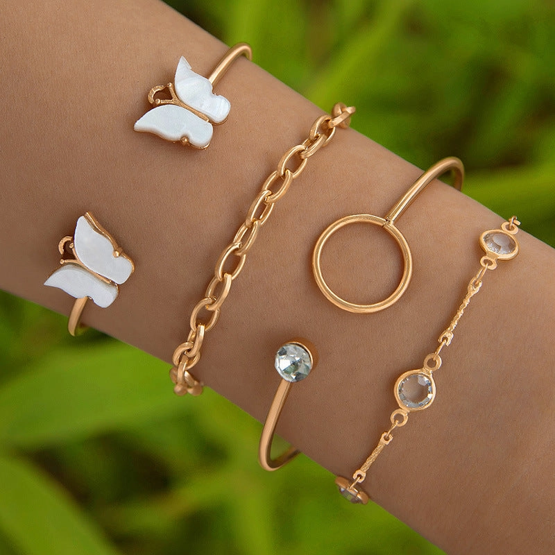 Wholesale Butterfly Imitation Gemstone Hollow Four-layer Geometric Opening Four-piece Bracelet Set