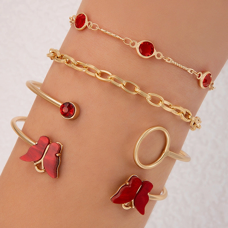 Wholesale Butterfly Imitation Gemstone Hollow Four-layer Geometric Opening Four-piece Bracelet Set