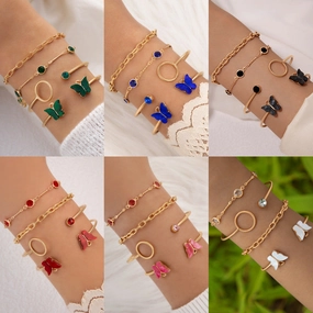 Wholesale Butterfly Imitation Gemstone Hollow Four-layer Geometric Opening Four-piece Bracelet Set