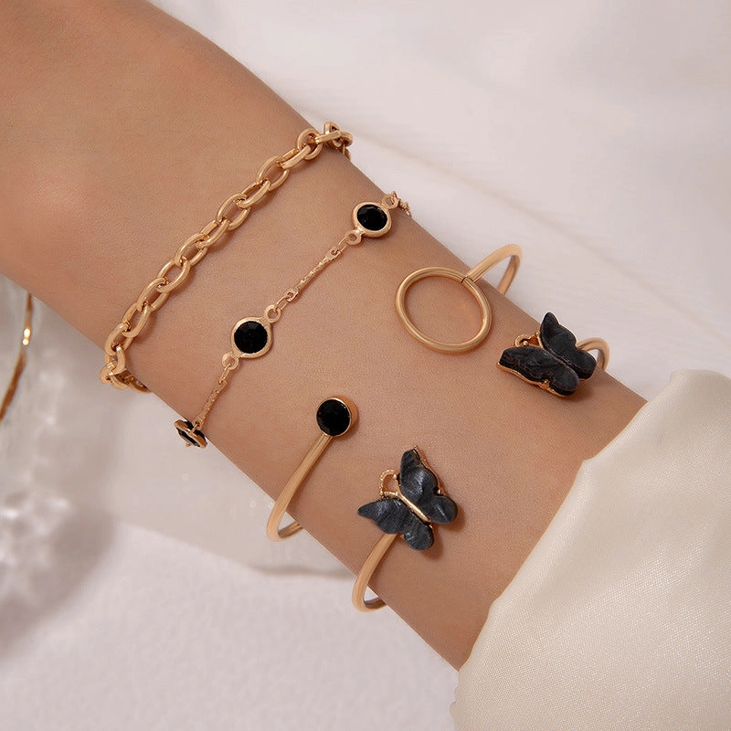 Wholesale Butterfly Imitation Gemstone Hollow Four-layer Geometric Opening Four-piece Bracelet Set
