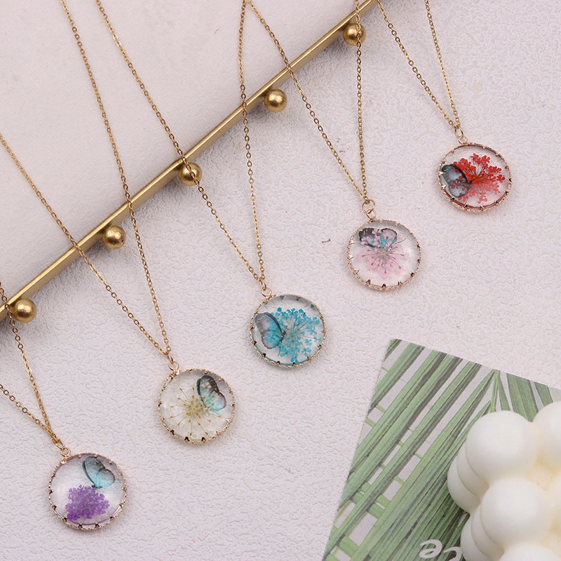 Wholesale Butterfly Small Fresh Necklace Creative Gold and Silver Dried Flower Glass Pendant Bohemian Retro Fashion Jewelry
