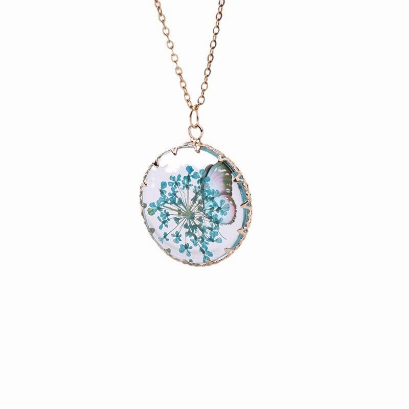 Wholesale Butterfly Small Fresh Necklace Creative Gold and Silver Dried Flower Glass Pendant Bohemian Retro Fashion Jewelry