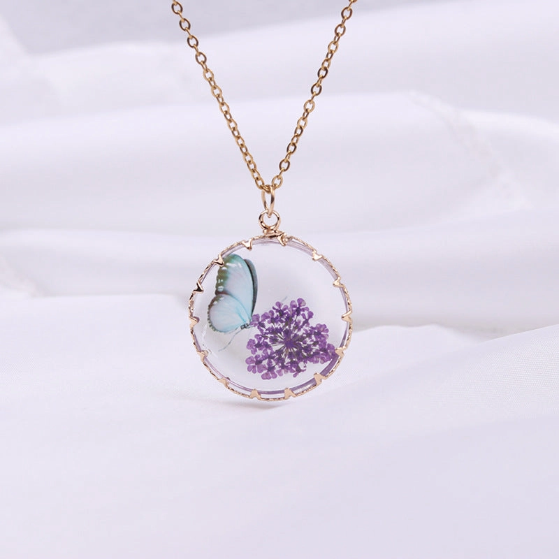 Wholesale Butterfly Small Fresh Necklace Creative Gold and Silver Dried Flower Glass Pendant Bohemian Retro Fashion Jewelry