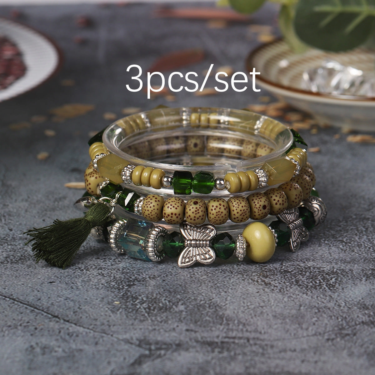 Wholesale Butterfly Tassel Pendant Glass Elastic Bracelet