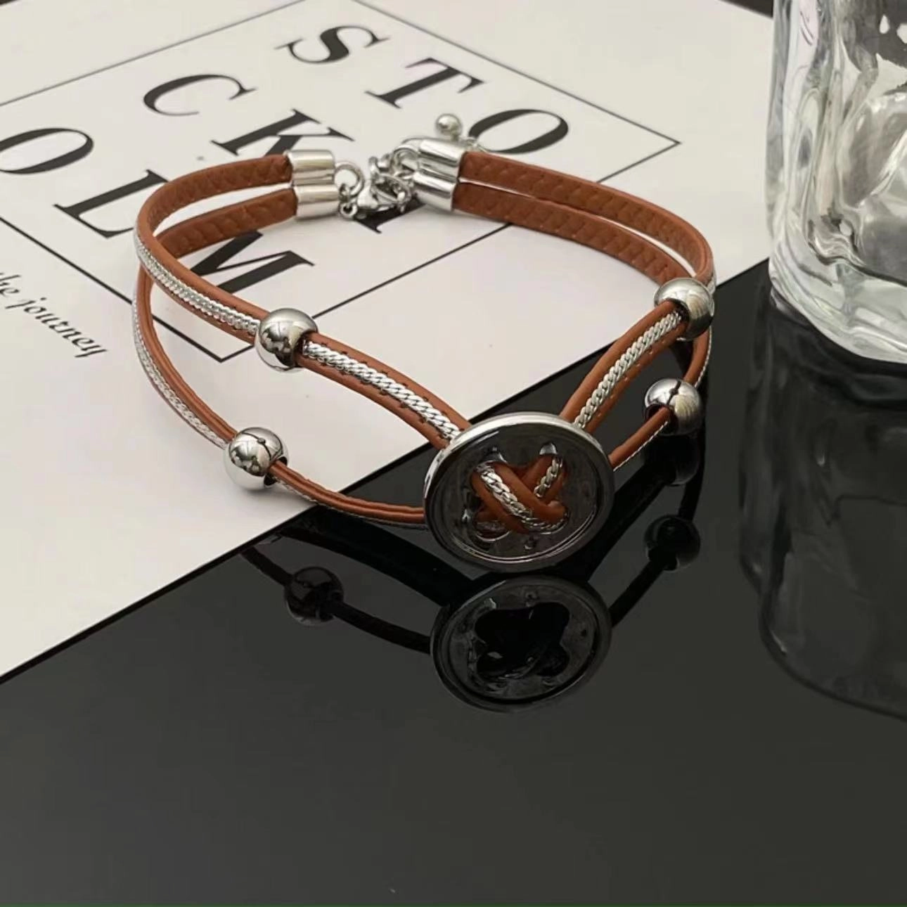 Wholesale Button Leather Cord Clavicle Chain Bracelet