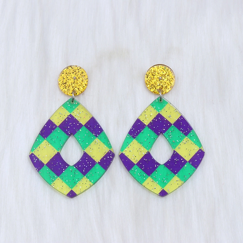Wholesale Carnival Hollow Diamond Shaped Acrylic  Mardi Gras Earrings