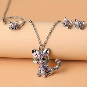 Wholesale Cartoon Color Rhinestone Cat Alloy Earrings Ring Necklace