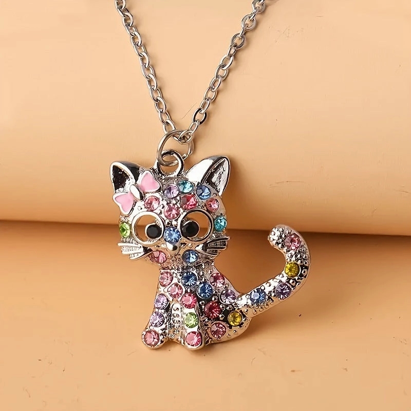 Wholesale Cartoon Color Rhinestone Cat Alloy Earrings Ring Necklace