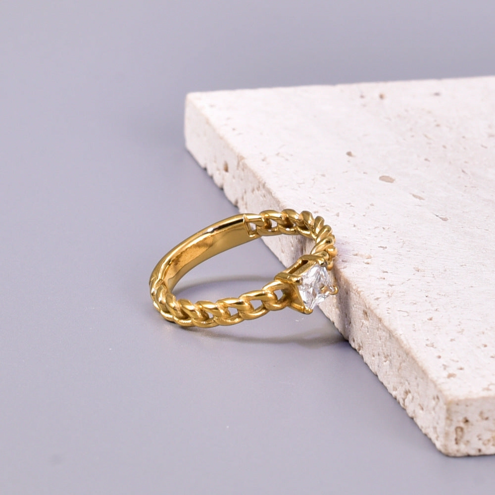 Wholesale Chain-style Square Zircon Ring Titanium Steel Plated 18K Gold Fashion Personality Ring