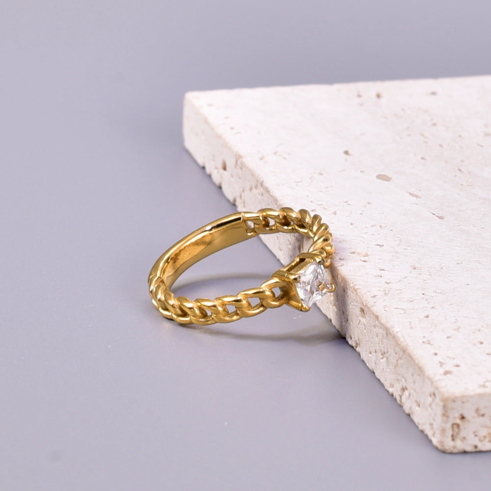 Wholesale Chain-style Square Zircon Ring Titanium Steel Plated 18K Gold Fashion Personality Ring