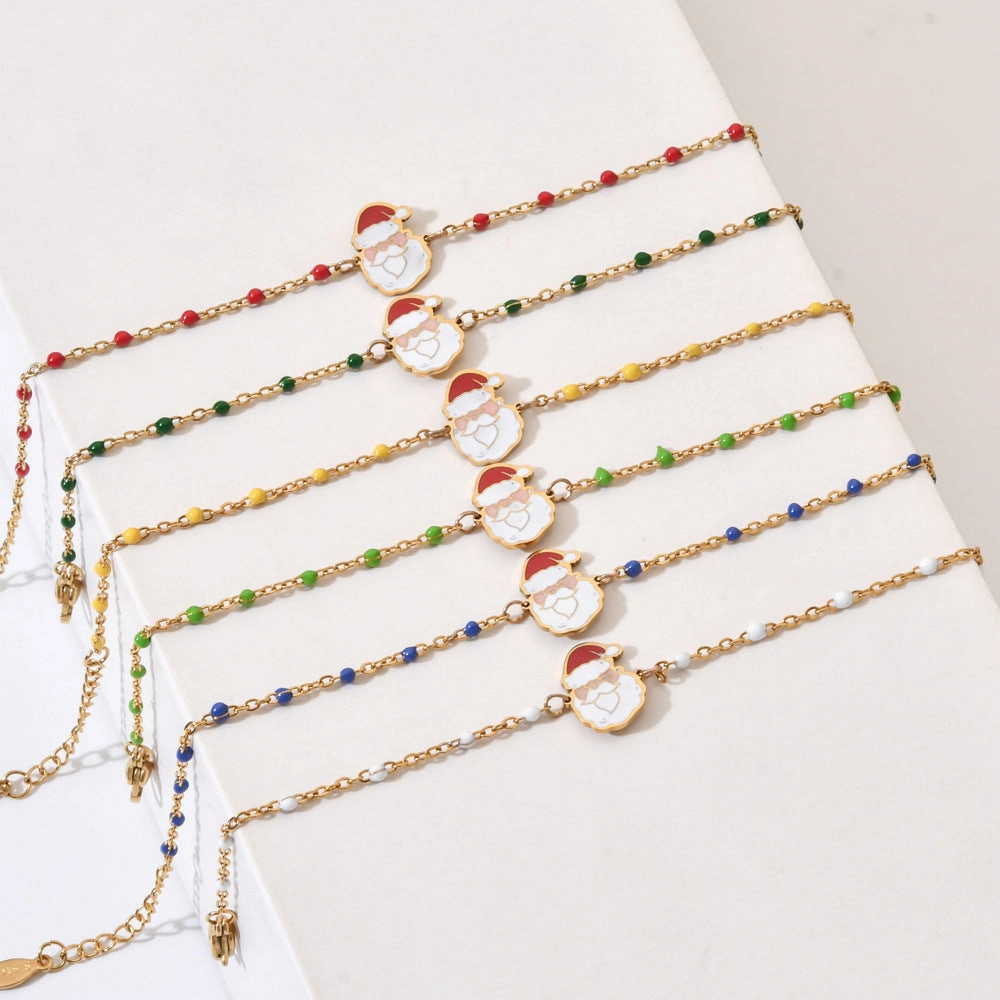 Wholesale Christmas Alloy Drip Oil Santa Claus Stainless Steel Rice Bead Bracelet
