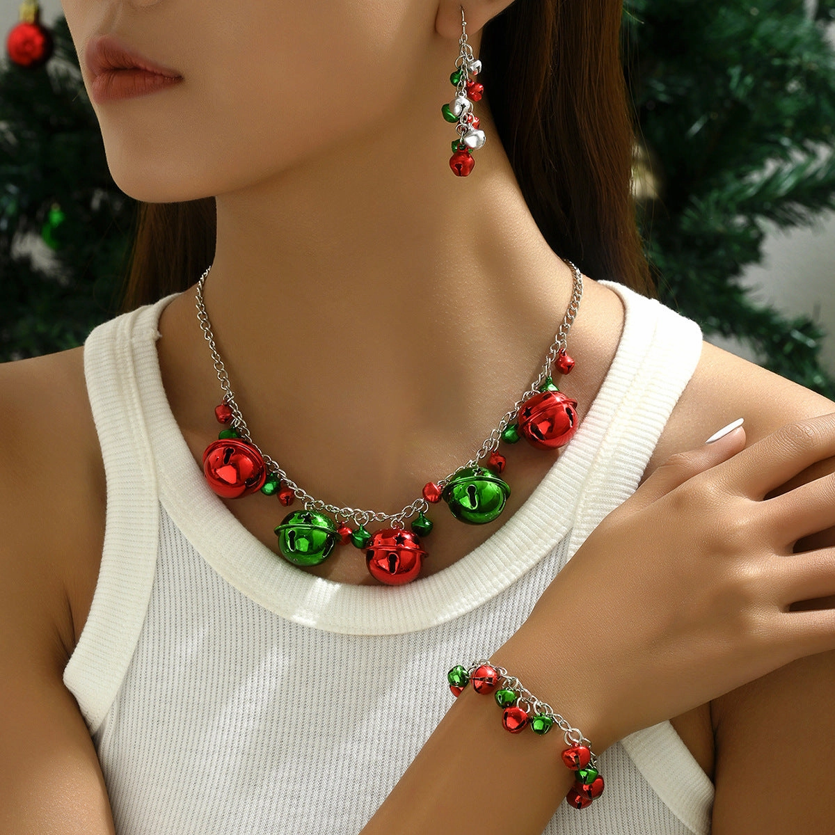Wholesale Christmas Colorful Bell Bracelet Earrings Necklace Set