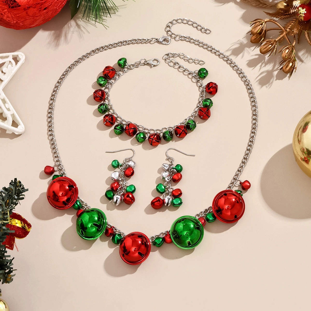 Wholesale Christmas Colorful Bell Bracelet Earrings Necklace Set