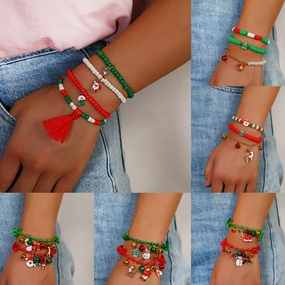 Wholesale Christmas Colorful Drawstring Santa Snowman Bell Pendant Bracelet
