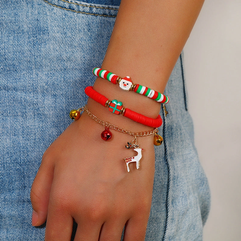 Wholesale Christmas Colorful Drawstring Santa Snowman Bell Pendant Bracelet