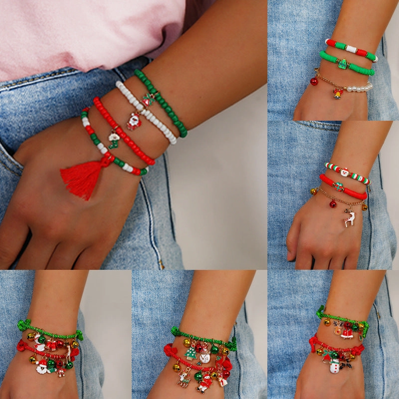 Wholesale Christmas Colorful Drawstring Santa Snowman Bell Pendant Bracelet