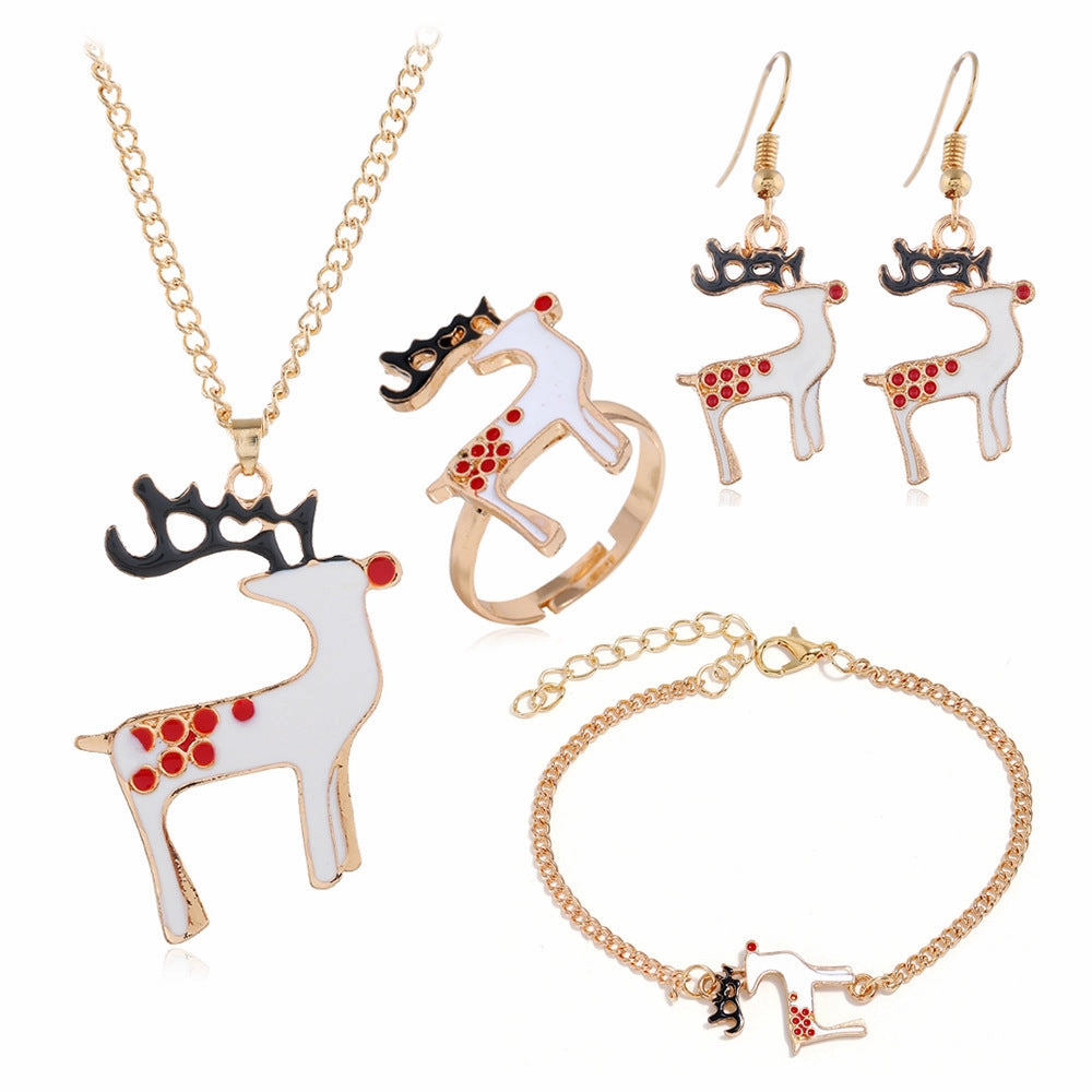 Wholesale Christmas Series Christmas Oil Dripping Old Man Elk Bell Earrings Necklace Bracelet Ring Set