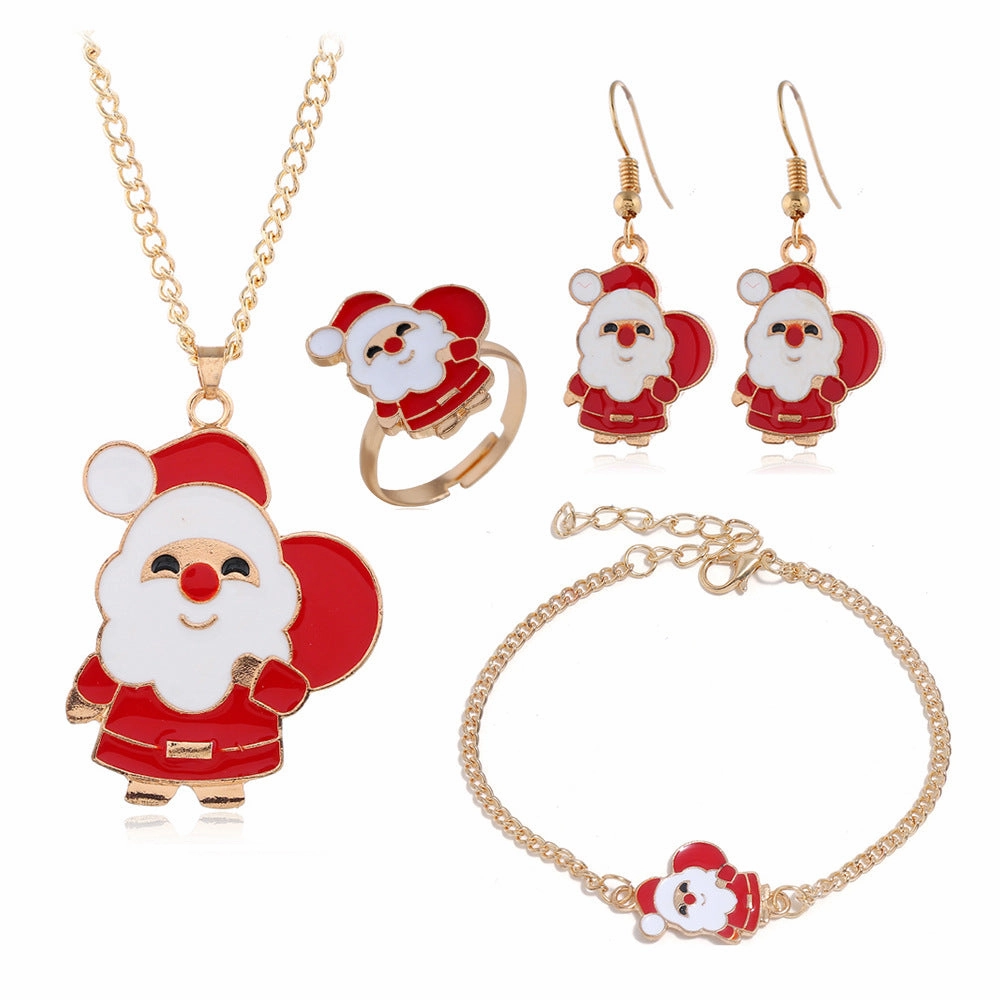 Wholesale Christmas Series Christmas Oil Dripping Old Man Elk Bell Earrings Necklace Bracelet Ring Set