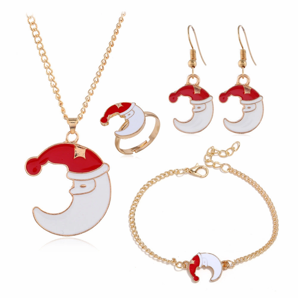 Wholesale Christmas Series Christmas Oil Dripping Old Man Elk Bell Earrings Necklace Bracelet Ring Set