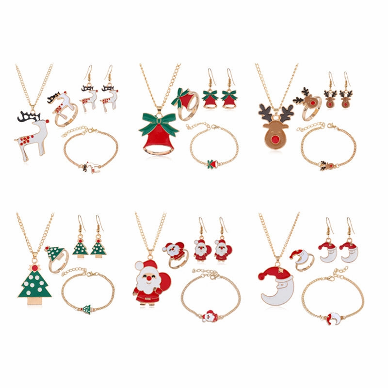 Wholesale Christmas Series Christmas Oil Dripping Old Man Elk Bell Earrings Necklace Bracelet Ring Set