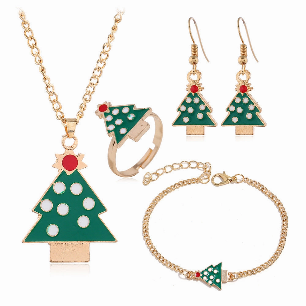 Wholesale Christmas Series Christmas Oil Dripping Old Man Elk Bell Earrings Necklace Bracelet Ring Set