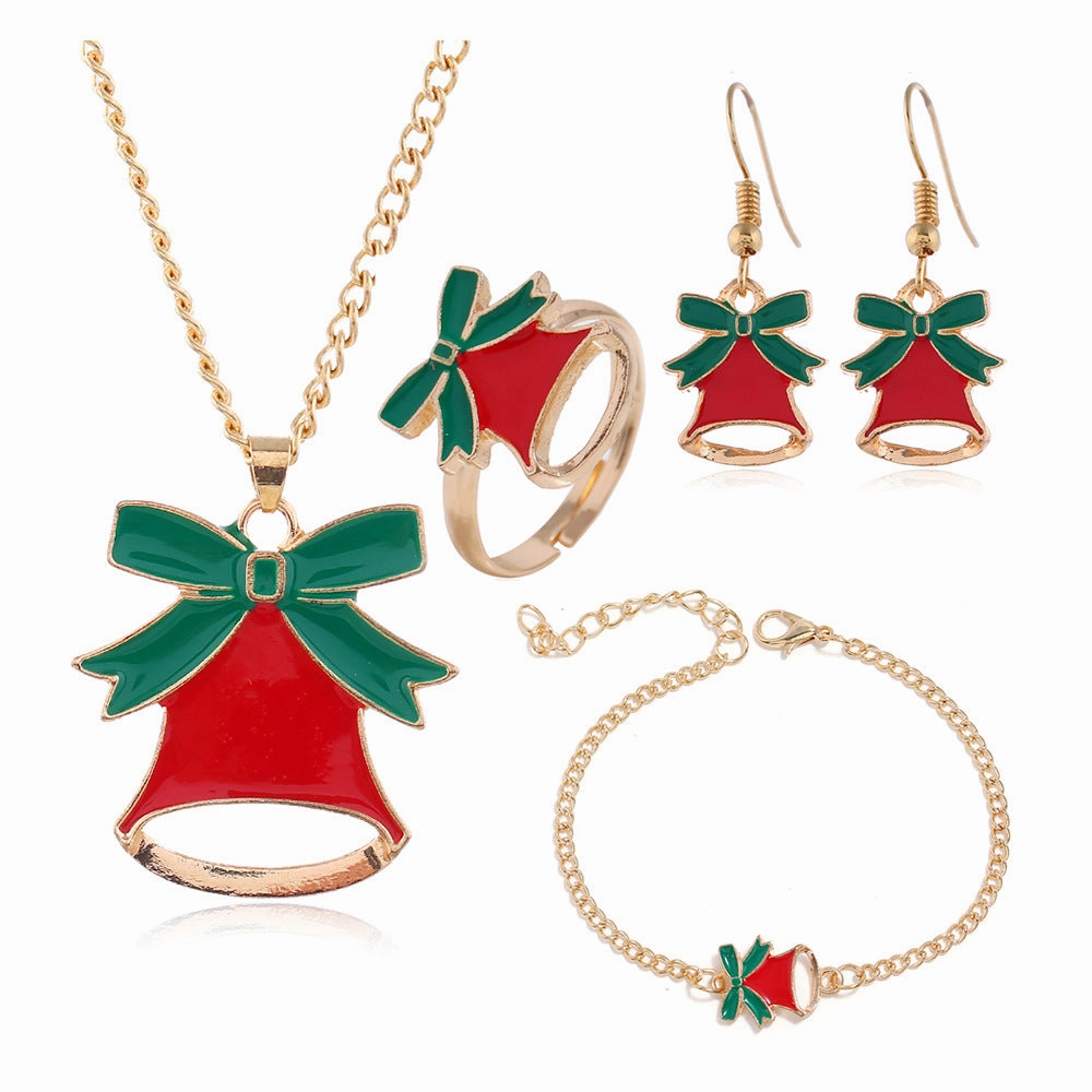 Wholesale Christmas Series Christmas Oil Dripping Old Man Elk Bell Earrings Necklace Bracelet Ring Set