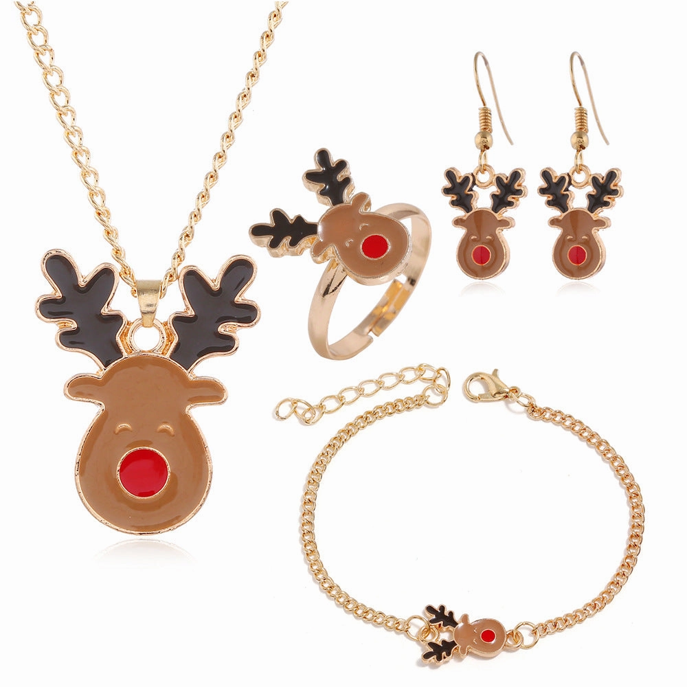 Wholesale Christmas Series Christmas Oil Dripping Old Man Elk Bell Earrings Necklace Bracelet Ring Set