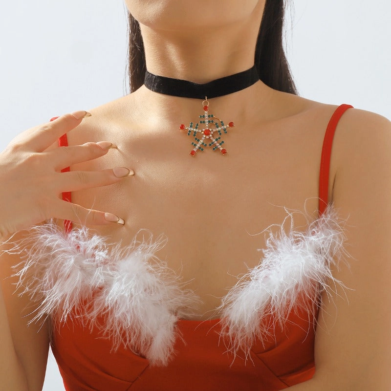 Wholesale Christmas Snowflake and Christmas Tree Rhinestone Flannel Clavicle Chocker Necklace
