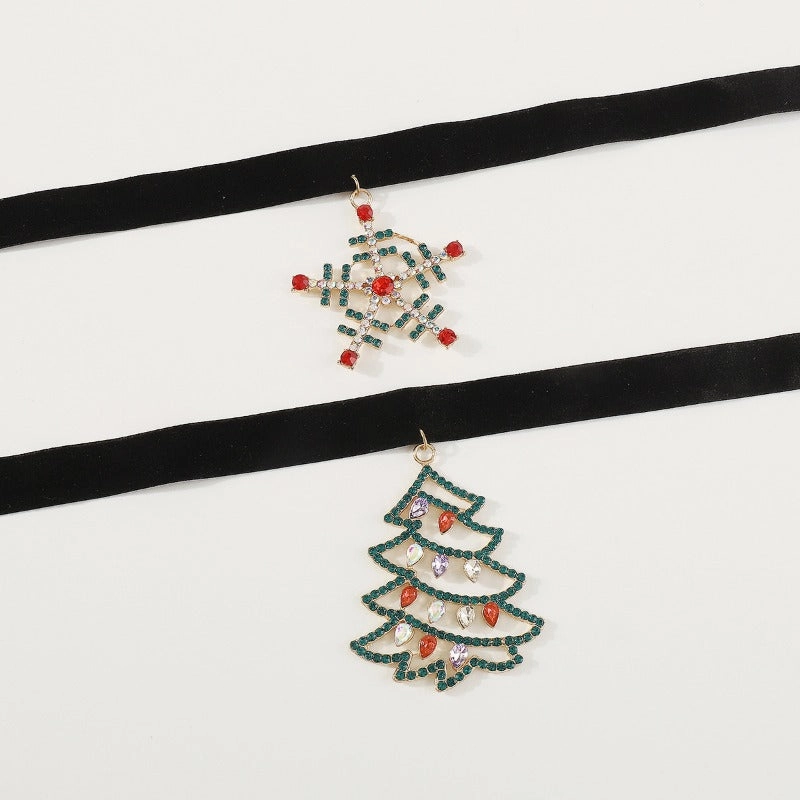 Wholesale Christmas Snowflake and Christmas Tree Rhinestone Flannel Clavicle Chocker Necklace