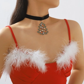 Wholesale Christmas Snowflake Christmas Tree Rhinestone Velvet Clavicle Pendant Necklace
