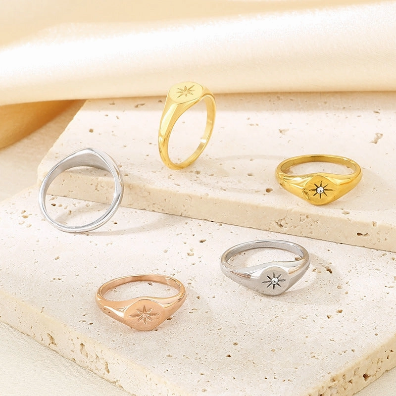 Wholesale Cold Style Oval Polished Diamond Eight-pointed Star Stainless Steel 18K Gold-plated Rings