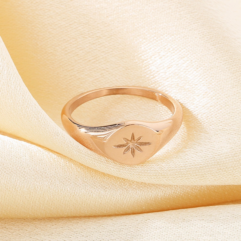 Wholesale Cold Style Oval Polished Diamond Eight-pointed Star Stainless Steel 18K Gold-plated Rings