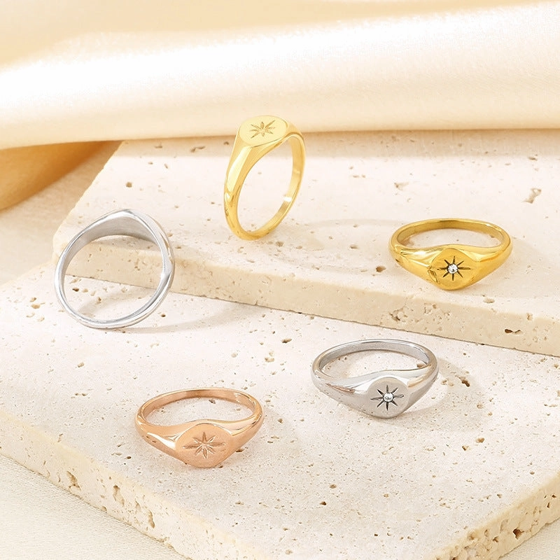 Wholesale Cold Style Oval Polished Diamond Eight-pointed Star Stainless Steel 18K Gold-plated Rings