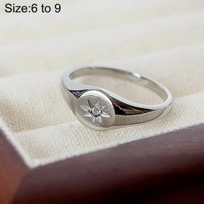 Wholesale Cold Style Oval Polished Diamond Eight-pointed Star Stainless Steel 18K Gold-plated Rings