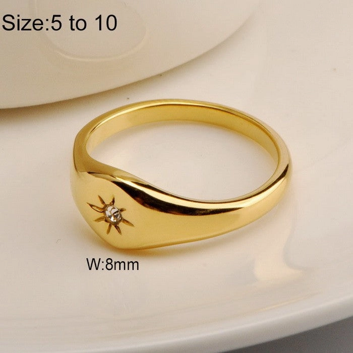 Wholesale Cold Style Oval Polished Diamond Eight-pointed Star Stainless Steel 18K Gold-plated Rings