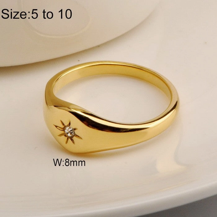 Wholesale Cold Style Oval Polished Diamond Eight-pointed Star Stainless Steel 18K Gold-plated Rings