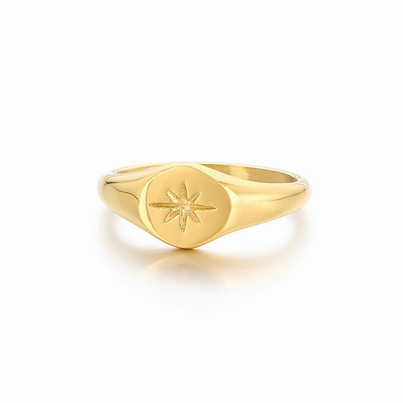 Wholesale Cold Style Oval Polished Diamond Eight-pointed Star Stainless Steel 18K Gold-plated Rings