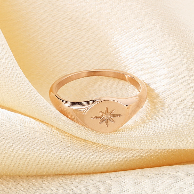 Wholesale Cold Style Oval Polished Diamond Eight-pointed Star Stainless Steel 18K Gold-plated Rings