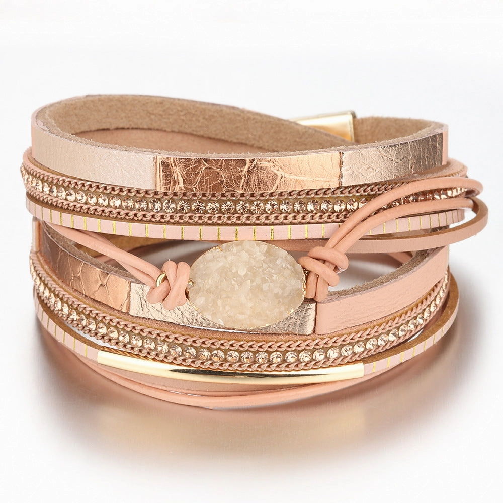 Wholesale Color Matching Elliptical Crushed Stone Magnetic Buckle Multi-layer Leather Bracelet