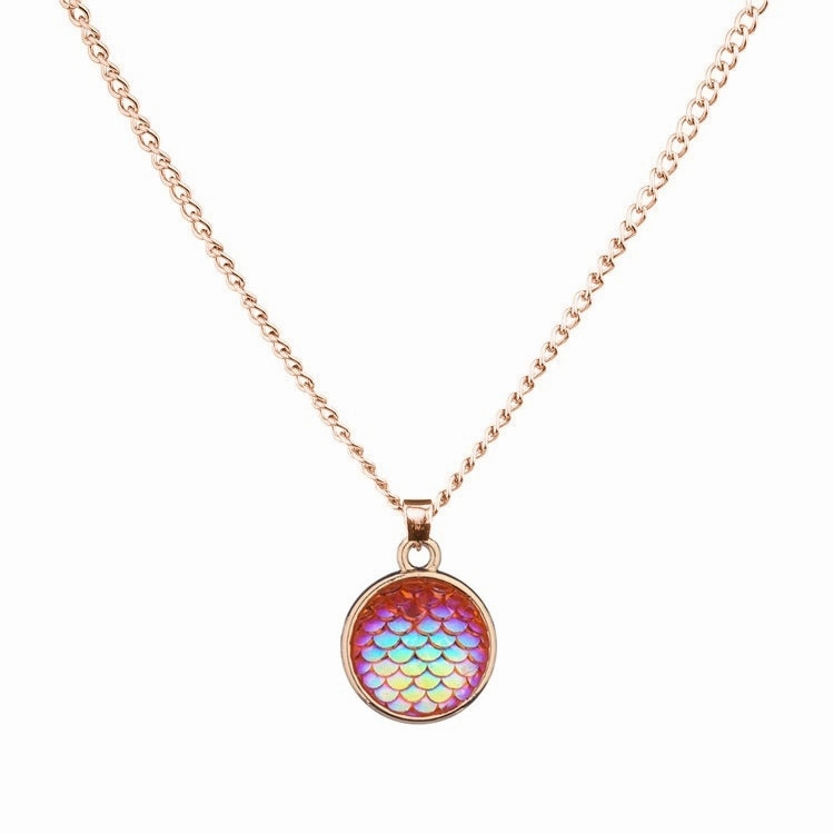 Wholesale Color Mermaid 16mm AB Fish Scale Time Gemstone Alloy Pendant Necklaces
