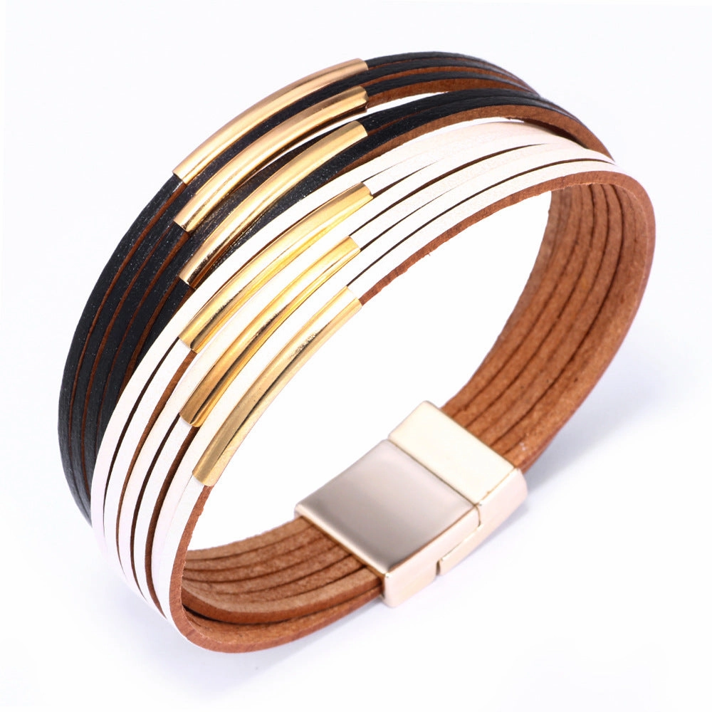 Wholesale Colorblock Alloy Hands Magnet Buckle Leather Bracelet