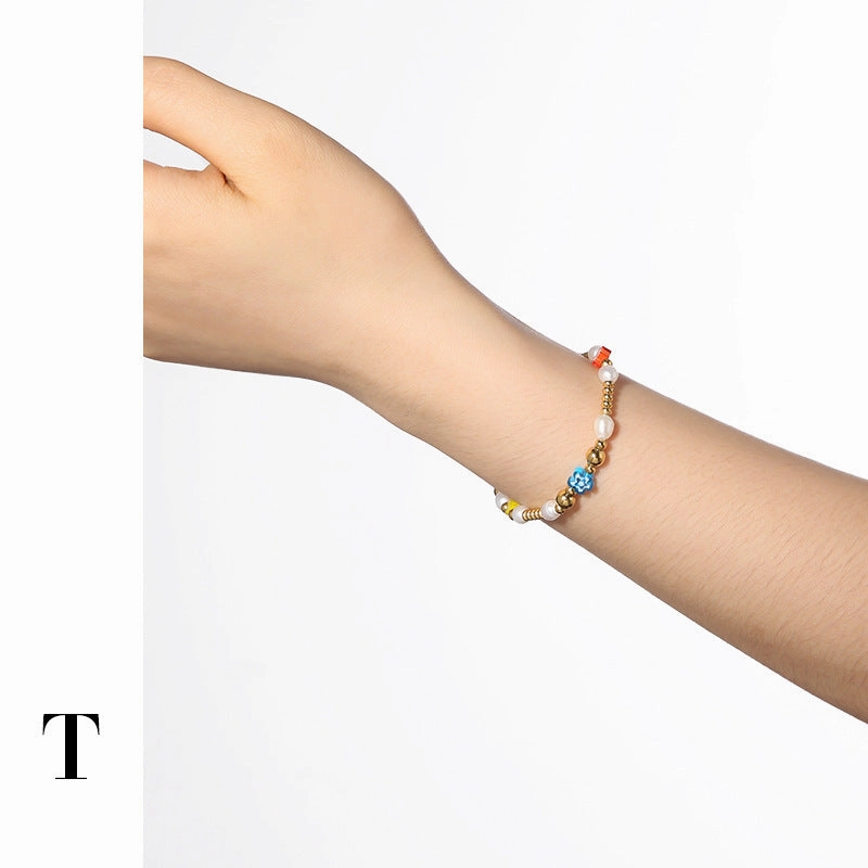 Wholesale colored glass real pearl copper bracelet