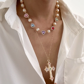 Wholesale Colored Heart Diamond Necklace Men's Cross Pendant Clavicle Chain
